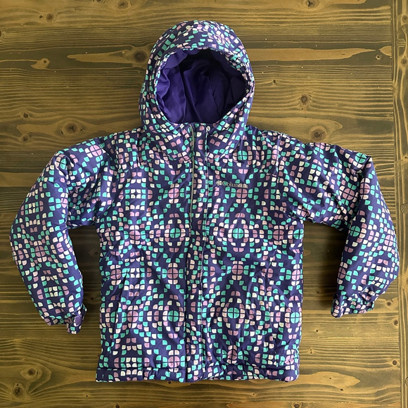 Kids Columbia Fleece-Lined Jacket XS 6/6X Purple Green Geometric Hooded - Picture 1 of 8